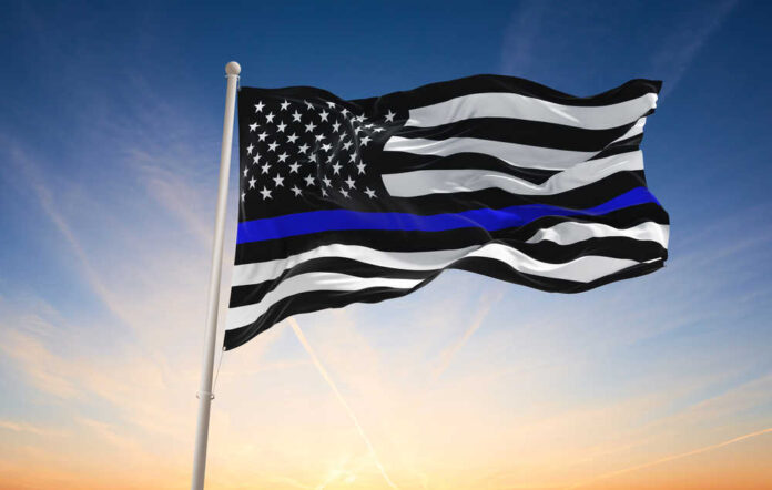 Thin,Blue,Line.,Black,Flag,Of,Usa,With,Police,Blue