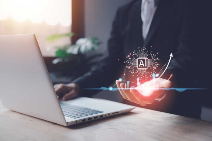 Ai,(artificial,Intelligence),Growing,Concept.,Businessman,Hand,Typing,Keyboard,Laptop