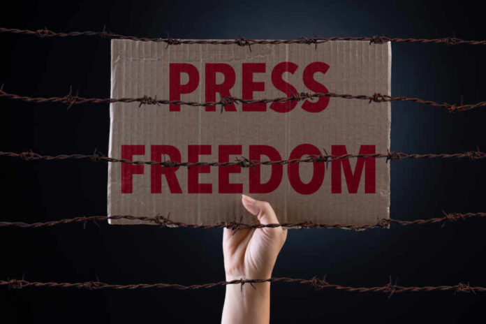 Woman,Holding,Cardboard,Paper,With,Press,Freedom,Text,And,Rusty