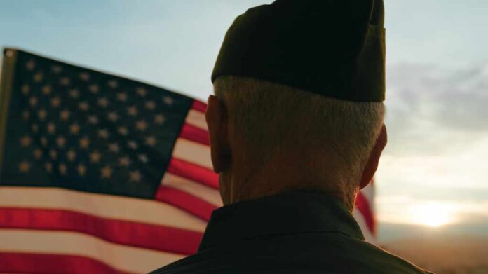 Elderly,Man,Stand,Against,American,Flag,For,Veterans,Day,Holiday