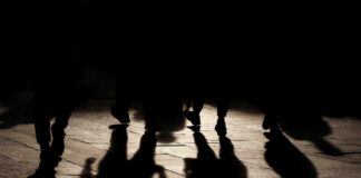 Silhouettes of people walking on a street, casting long shadows