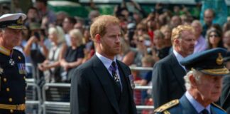 Members of a royal procession walking in formal attire during a public event
