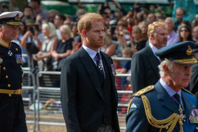 Members of a royal procession walking in formal attire during a public event