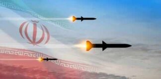 Missiles launching against a backdrop of the Iranian flag