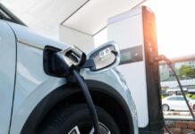 Electric vehicle connected to a charging station