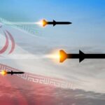 Three missiles launching against a backdrop of the Iranian flag