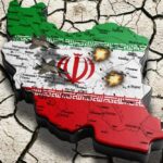 Map of Iran with military jets and explosions depicted