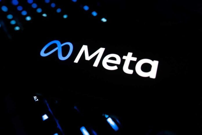 Illuminated Meta logo against a dark background
