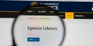 Magnifying glass focusing on the Epstein Library section of a government website