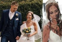 Bride's sister-in-law douses her in black paint moments
