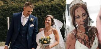 Bride's sister-in-law douses her in black paint moments