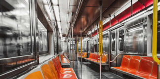 Interior of an empty subway train with orange seats and metallic surfaces