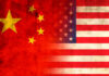 Flags of China and the USA blended together with a textured background