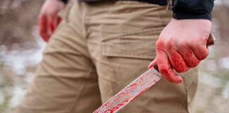 A person holding a bloody knife in an outdoor setting