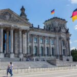 The Reichstag building in Berlin with German flags and visitors