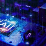 Close-up of a circuit board with an AI symbol and digital effects