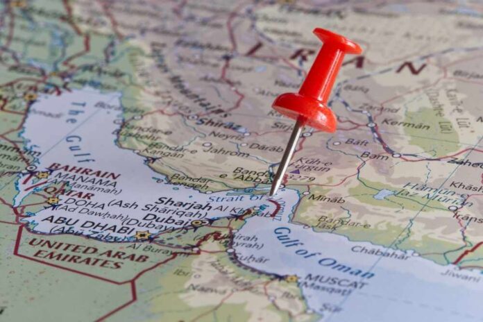 A red pushpin on a map of the Middle East highlighting a specific location