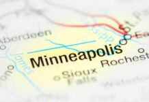 Close-up of a map highlighting Minneapolis