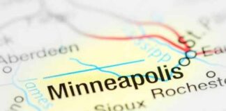 Close-up of a map highlighting Minneapolis