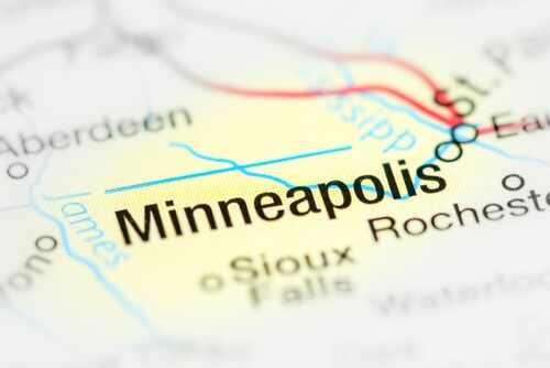 Close-up of a map highlighting Minneapolis