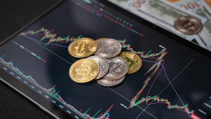 Various cryptocurrency coins on a digital trading chart