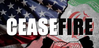 Graphic depicting a ceasefire between the US and Iran with flags and a handshake