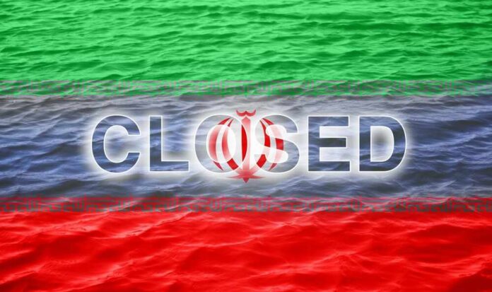Graphic representation of the word 'CLOSED' overlaid on the Iranian flag with a water background