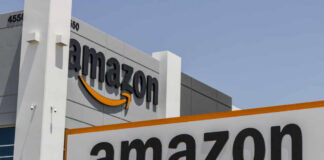 Amazon corporate building with prominent logo signage
