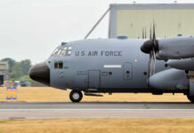 A U.S. Air Force C-130 Hercules military aircraft on the runway