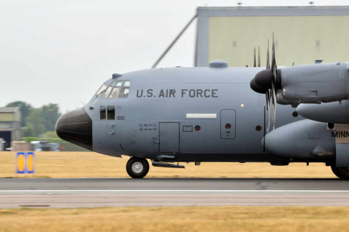 A U.S. Air Force C-130 Hercules military aircraft on the runway