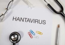 Document titled 'HANTAVIRUS' surrounded by medical tools and paper clips