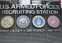 Sign for U.S. Armed Forces Recruiting Station with military branch emblems