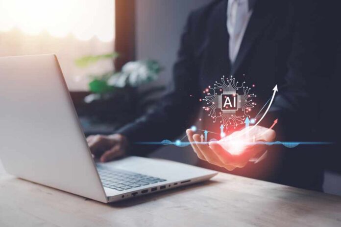 Ai,(artificial,Intelligence),Growing,Concept.,Businessman,Hand,Typing,Keyboard,Laptop A business professional interacting with a digital representation of AI technology