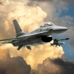 A fighter jet flying through a dramatic cloudy sky