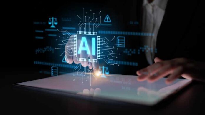 Ai,Circuit,Microchip,With,Glowing,Blue,Lines,,Surrounded,By,Legal A hand interacting with a digital interface displaying AI technology