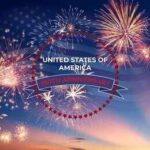 Fireworks burst over a twilight sky with a USA anniversary emblem