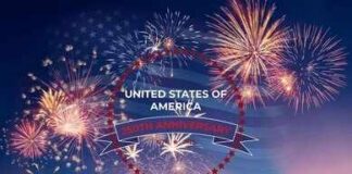 Fireworks burst over a twilight sky with a USA anniversary emblem