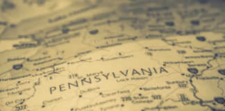 Close-up view of a map highlighting Pennsylvania