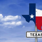 Flag Fury Ignites Texas Showdown Texas state outline with flag colors and a road sign indicating Texas