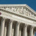 United States Supreme Court facade with flag and Corinthian columns