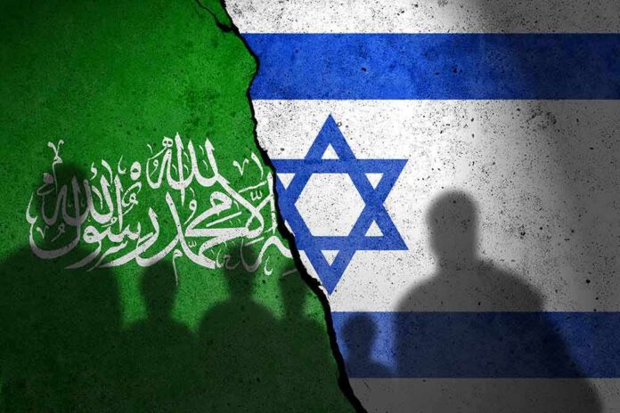 Saudi and Israeli flags divided by a jagged tear with human silhouettes