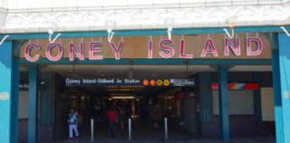 Entrance to Coney Island subway station with people walking