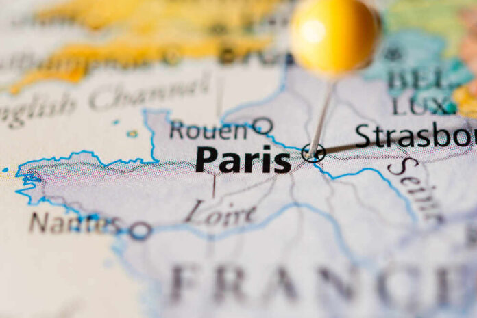 Paris,,France. Close-up of a map highlighting Paris with a location pin