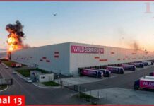 Drone Infernos Torch Moscow’s Retail Lifeline Moment of Ukrainian drone strike on Russia’s Wildberries warehouse in Leningrad – Strong explosion
