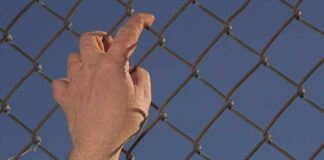 Hand gripping a chain-link fence