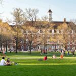 Enrollment Purge Triggers Housing Panic Students relaxing on a campus quad in front of a brick academic building