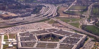 The Pentagon building seen from above with surrounding highways and parking lots