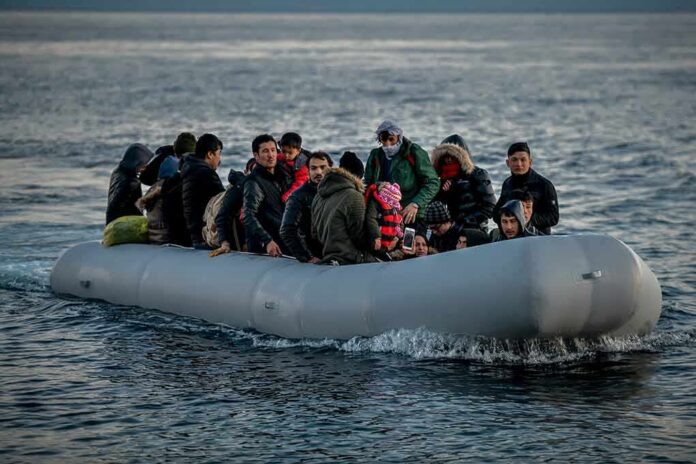Group of people in an inflatable boat on open water