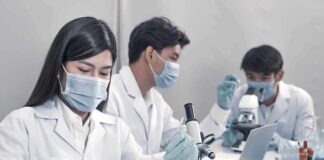 Scientists in lab coats working with test tubes and microscopes