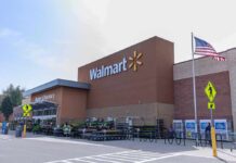 Walmart storefront with American flag and outdoor garden center